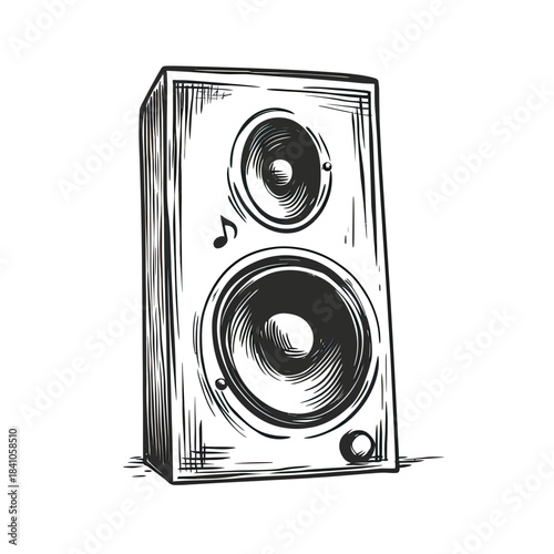 Hand drawn vintage music speaker with woofer and tweeter in sketch style isolated on white background detailed line art illustration for audio equipment concept design