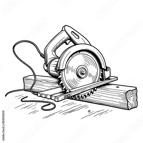 Circular saw cutting wooden beam, woodworking tool and carpentry precision in construction