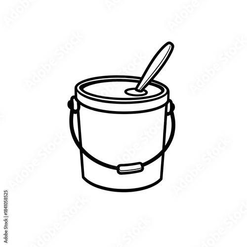 Line art illustration of paint bucket with lid and stir stick, home improvement and DIY project