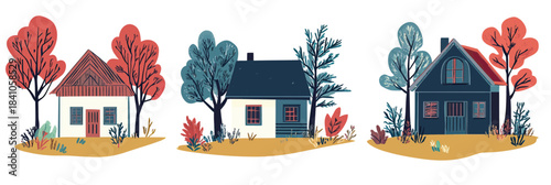 Set of three minimalist hand drawn style countryside houses with autumn trees and shrubs in rustic outdoor rural scene vector illustration