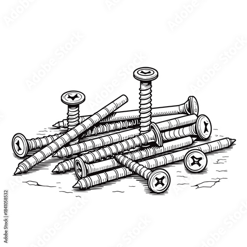 Line art illustration of nails and screws on workshop bench, hardware tools and construction elements in DIY context