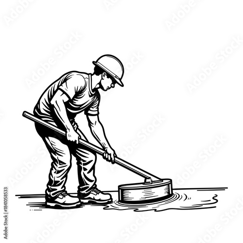 Worker smoothing wet concrete with float, construction labor and precision in building industry