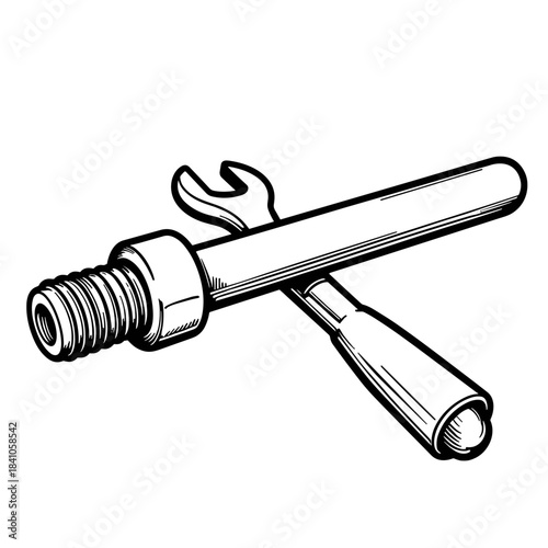 Line Art of Socket Wrench and Bolt on White Background, Tool Mechanics and Metalwork Precision