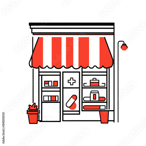 Minimalist flat vector illustration of small pharmacy storefront with red and white awning, medical cross, medicine bottles, pills, and potted plants on white background, healthcare retail concept