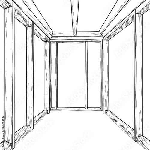 Wooden studs framing house interior, construction blueprint and architectural design in housing development