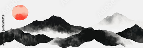 Black mountain silhouette with misty fog and red sun traditional Japanese Sumi-e ink style minimalist landscape vector illustration artwork