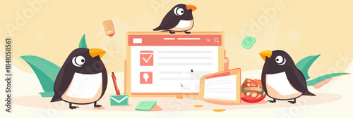 Cartoon birds collaborating on creative checklist design project with tablet and stationery in flat minimalist style vector illustration