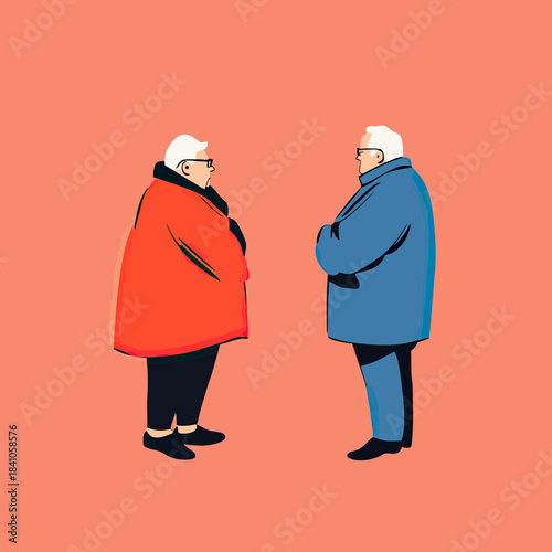 Minimalist flat vector illustration of elderly man and woman wearing winter coats standing and facing each other on solid background