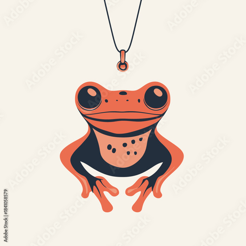 Vector illustration of cute red and black frog pendant hanging on black necklace chain isolated on light background with minimalist flat style