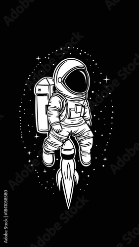 Minimalist black and white vector illustration of astronaut with rocket backpack flying in space surrounded by stars outline style flat design science exploration concept
