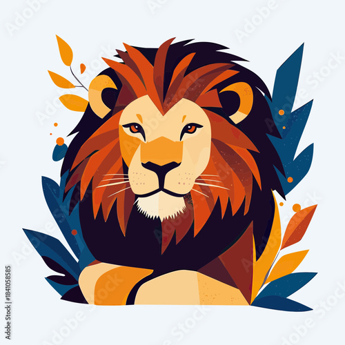 Majestic minimalist lion portrait with vibrant orange and dark blue foliage flat vector illustration for wildlife and nature design concepts
