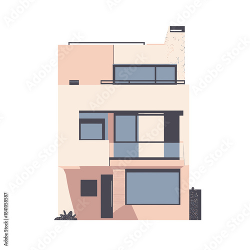 Modern minimalist two-story house facade with large windows balcony chimney flat vector illustration in pastel colors for real estate sale concept
