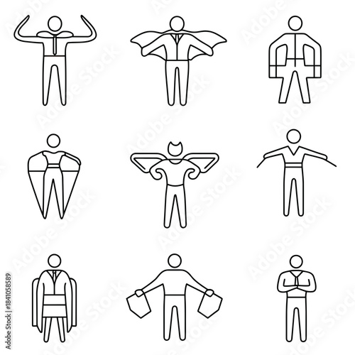 Superhero businessman vector icons set outline style with flight poses, muscle flexing, cape, and confident standing figures in minimal line art style