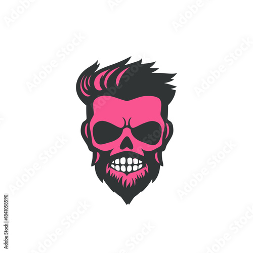 Stylized pink skull with black beard and spiky hair mascot logo icon in flat minimalist vector style for edgy designs and branding