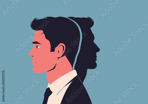 Profile of young businessman with serious expression and dark shadow silhouette behind him symbolizing self doubt and internal conflict in minimalist style