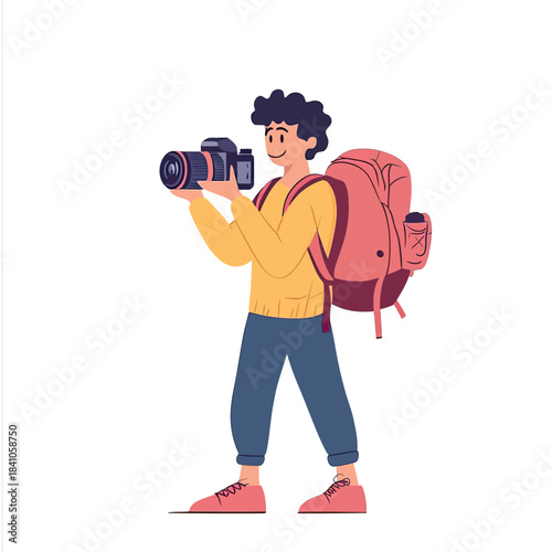 Young man traveler with backpack taking photos with professional camera flat vector illustration for travel photography concept