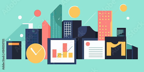 Flat minimalist vector illustration of modern city skyline with business finance investment charts and clock in pastel colors