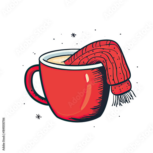 Red coffee cup wrapped in cozy red knitted scarf with hot winter drink steam and snowflakes minimalist vector illustration