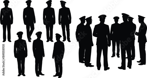 Silhouette group of uniformed officers standing and discussing, teamwork communication concept for security, authority, leadership, training and professional force illustration