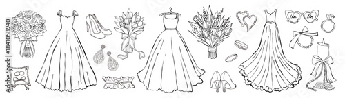 Hand drawn coquette elements set for bachelorette party, wedding invitation. Bride accessories wedding dress, shoes, bouquet, lance garter, bracelet, earrings. Vintage elegant vector illustration