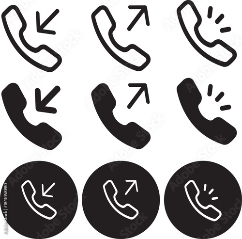 Illustration vector graphic of Phone call icons Incoming, Outgoing, and Alert_ Outline_Glyph_and Rounded