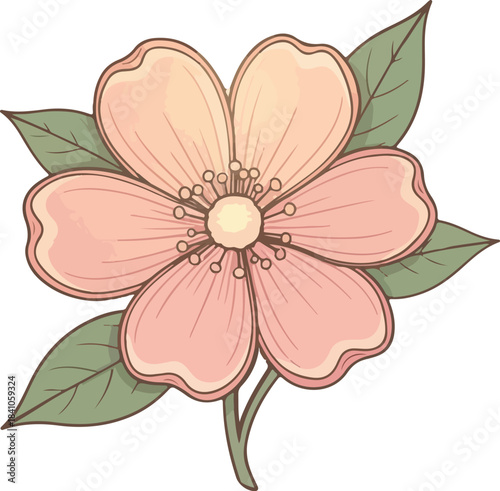 Decorative flower illustration, peach pink petals, yellow center, green leaves, cartoon style, botanical art, symmetrical design, vibrant colors, nature icon