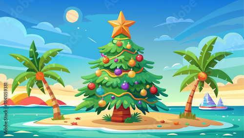A unique Christmas tree decorated with festive ornaments standing proudly on a sunny tropical beach, surrounded by clear blue water, golden sand, and bright holiday sunshine creating a joyful seaside 
