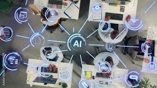 Business team uses artificial intelligence tech to automate data entry tasks, digital ecosystem HUD overlay. Top down view of company workers streamlining workflow using AI machine learning operations