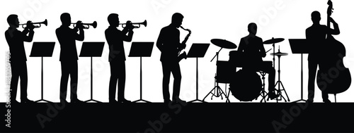 Silhouette of jazz band performing on stage with trumpet, saxophone, drums and double bass, musical concert illustration for entertainment, music events and creative projects