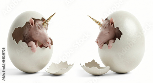 Two unicorn babies hatching from cracked eggs, symbolizing new beginnings and mythical creatures emerging