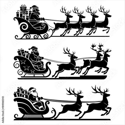 Christmas Sleigh ride with Santa Claus and Gifts black and white vector silhouette design. Santa with reindeer and gifts. Santa delivering gifts on sleigh – festive holiday silhouette artwork. 