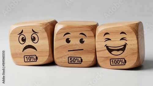 Wooden cubes with battery faces, emotional expression and energy levels in concept visualization