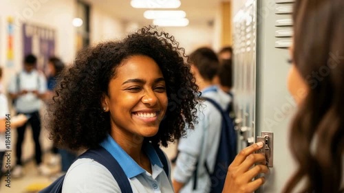Student opening locker door in hallway, school interaction and teenage friendship