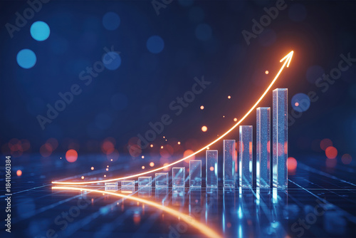 Growth stock chart with golden arrow moving up statistics and business economy data with blockchain network