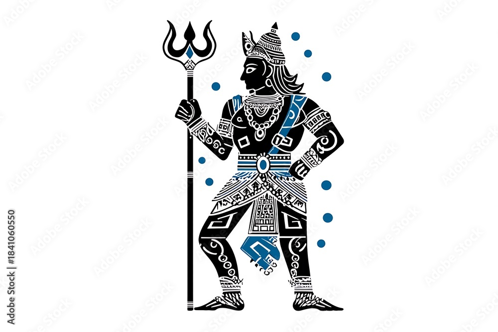 Fototapeta premium Powerful and Majestic Architectural Illustration of a Ancient Warrior with Trident and Ornate Decorative Elements