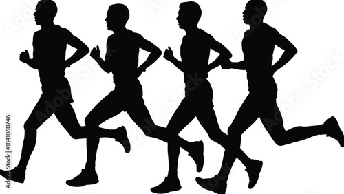 Silhouette sequence of male runners in motion, athletic jogging illustration showing dynamic running poses for fitness, sports training, marathon and health concepts