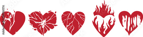 Red cracked and flaming heart vector set featuring distressed, broken, and burning heart shapes for edgy love designs, emotional artwork, and dramatic graphic illustrations.