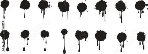 Ink drip splatter vector set with dripping paint blot shapes, grunge splashed stains, liquid drips, messy artistic blotches, and abstract splatter elements for creative design projects.