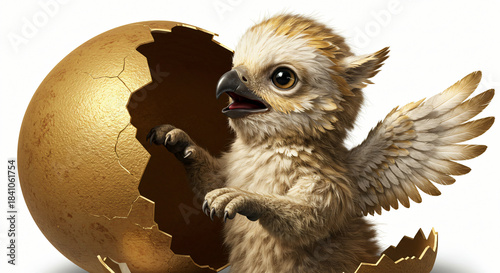 A heartwarming moment as a fluffy, bird-like fantasy creature chick with delicate wings breaks free from a radiant golden egg, signifying new life and magic