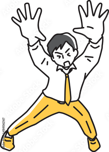 手を挙げて止めようとする男性社員