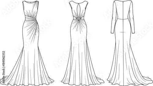 Elegant Mermaid Gown Fashion Flat Sketch with Draped Bodice, Open Back Detail, and Long Sleeve Variation for Technical Design and Apparel Development