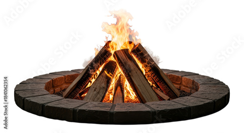A roaring bonfire in a circular brick fire pit with flames licking upwards.