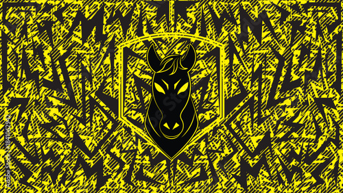Abstract Hand Drawn Electric Pattern with Black and Yellow Horse Emblem and Sharp Geometric Shapes for Modern Urban Background and Graphic Design Layout