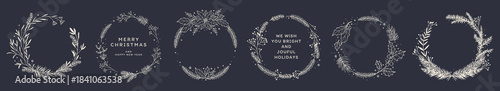 Christmas wreaths with fir branches, berries, leaves, poinsettia, holly, snowflakes. Winter floral decor. Vector illustration hand-drawn in sketch style