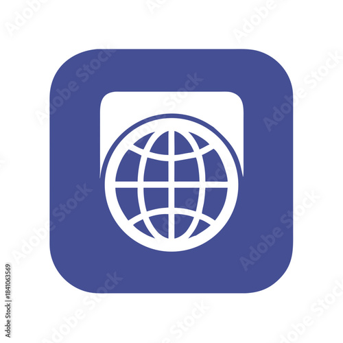 White globe icon on blue rounded square background representing global internet and digital connectivity.