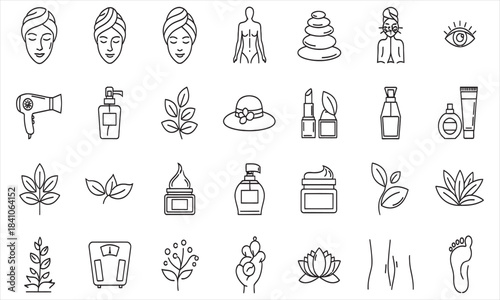Beauty Care Icons Set, Skincare and Cosmetics Illustration, Minimalist Style, Vector Graphic, Flat Design, Isolated on White Background