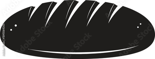 Black silhouette of a loaf of bread with score marks and two small dots on a white background Keywords: bread, loaf, bakery, food, baked goods, carbohydrate, grain, wheat, dough, crust, scoring