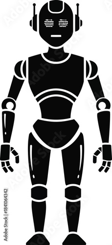 Black silhouette of a standing robot with articulated limbs and antennae on a white background Keywords: robot, android, automaton, machine, artificial intelligence, AI, technology, futuristic