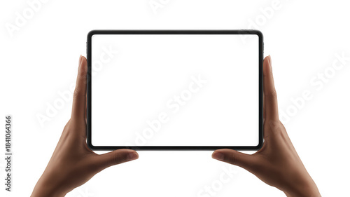 Hands holding a modern digital tablet with blank white screen isolated on transparent background