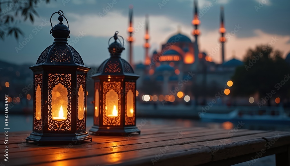 Fototapeta premium Two illuminated lanterns on wooden table, mosque background at dusk. Evening light glows on water reflecting city lights. Peaceful, warm atmosphere.